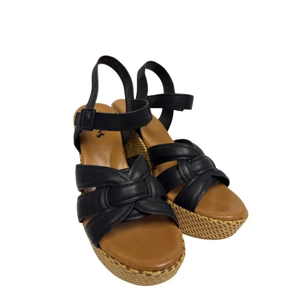 NEW Korks Dee Wedge Platform Women's Sandal Black Woven Size 9 Shoes Block Heel